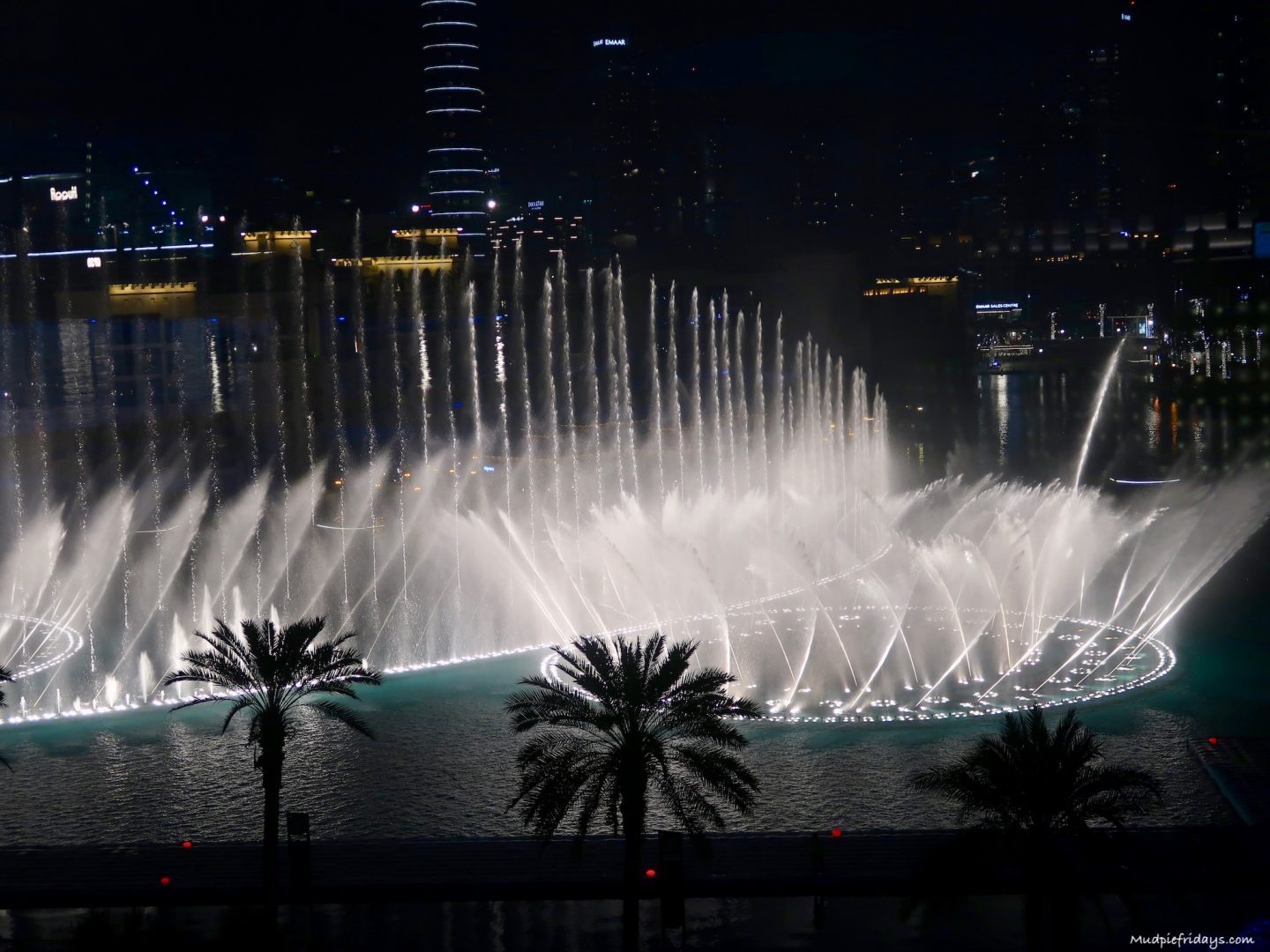 views of the Dubai fountains from the Rooftop Restaurant at the Burj Khalifa