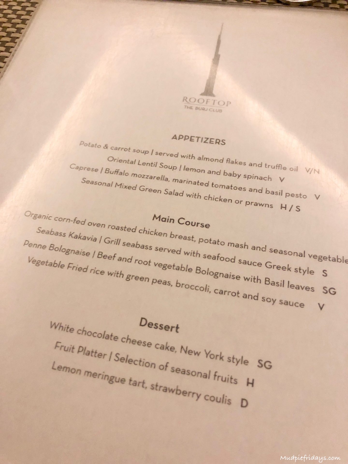 The dinner menu at the Rooftop Restaurant at the Burj Khalifa
