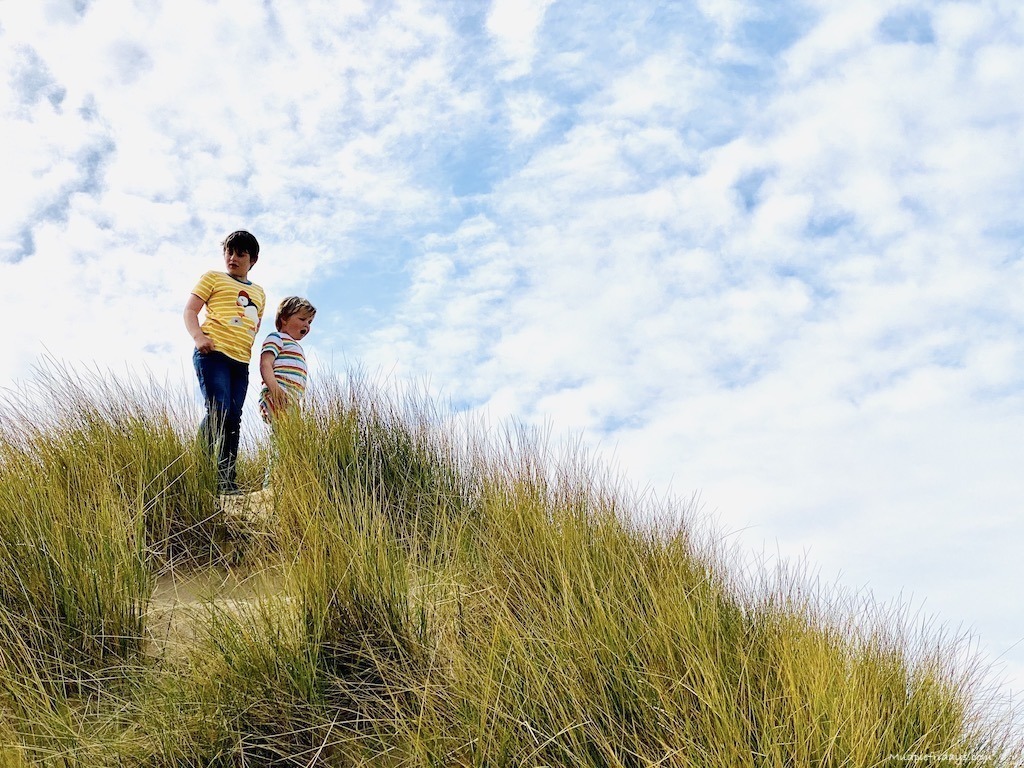 The boys contemplating running down a large sand dune while on our croyde bay holiday