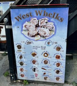 Prices for seafood at West Whelks at Whitstable harbour
