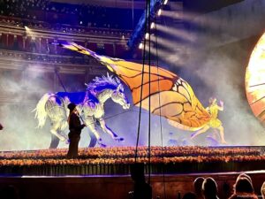 Butterfly and metal horse at Cirque du Soleil LUZIA at the Royal Albert Hall