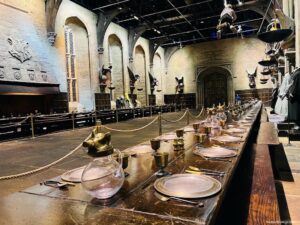 laid tables in the great hall at Warner Brothers Studios Harry Potter