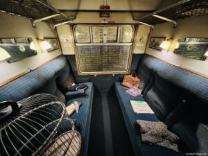 inside a carriage on the Hogwarts Express at Harry Potter World