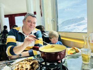 eating fondue at the jungfraujoch restaurant Crystal