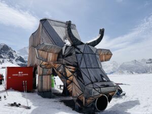 the cow play area at the top of A drink and cheese on toast at the top of Mannlichen