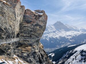 The cliff walk at Grindelwald-First empty with no people on it, steel walkway