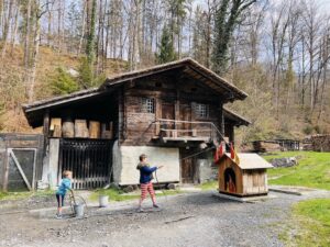 interactive exhibit for the boys to play at being firemen at Ballenberg Swiss open air musuem