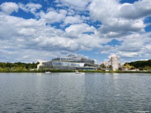 Electric boats - view of Aqualagon from the lake at Les Villages Nature Paris