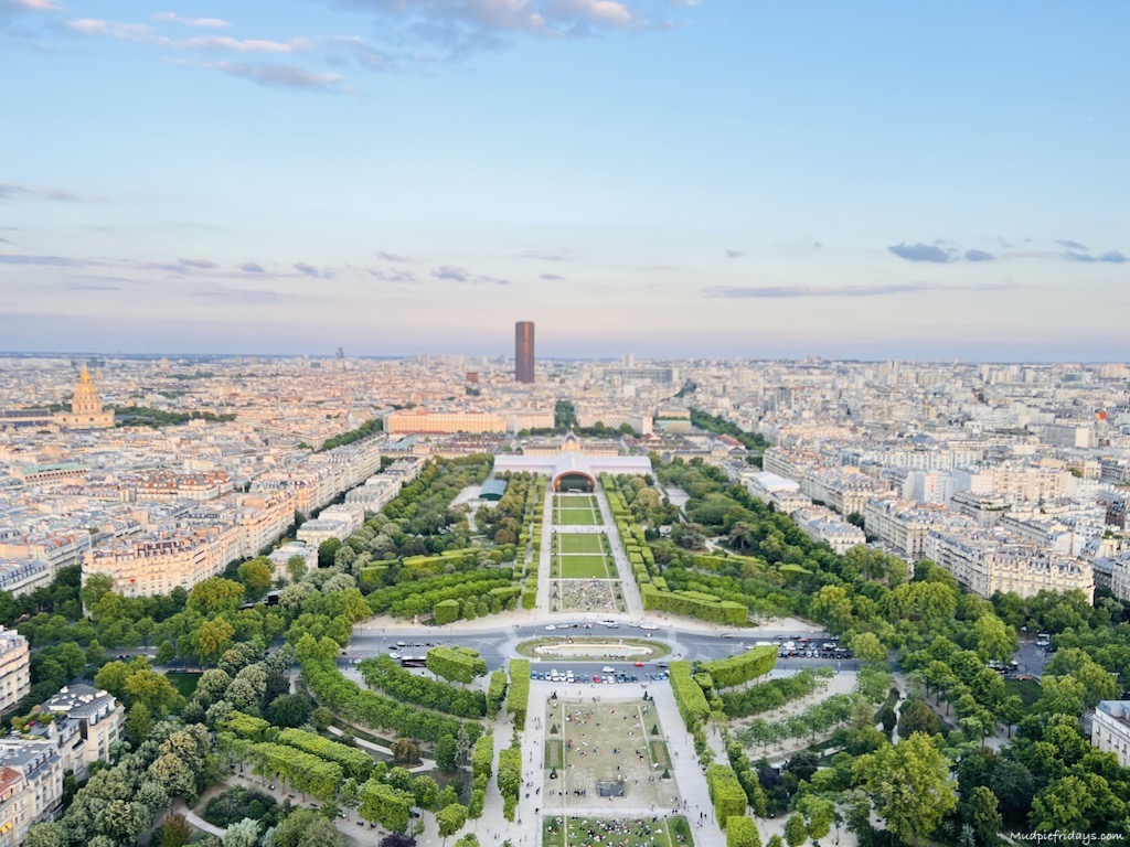 The view from the observation deck on the Eiffel tower as the sun is starting to set