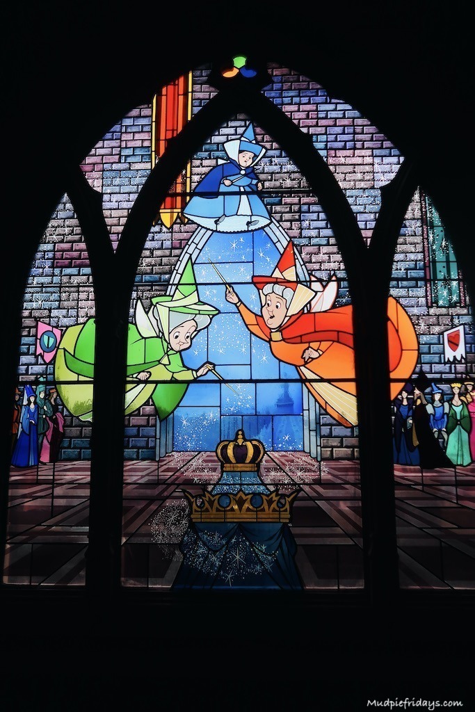 One of the stained glass windows in Sleeping Beauty Castle at disneyland Paris castle