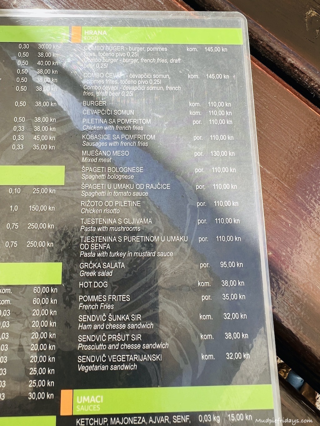 food menu with prices for the snack bar at Krjk national park near skradinski buk