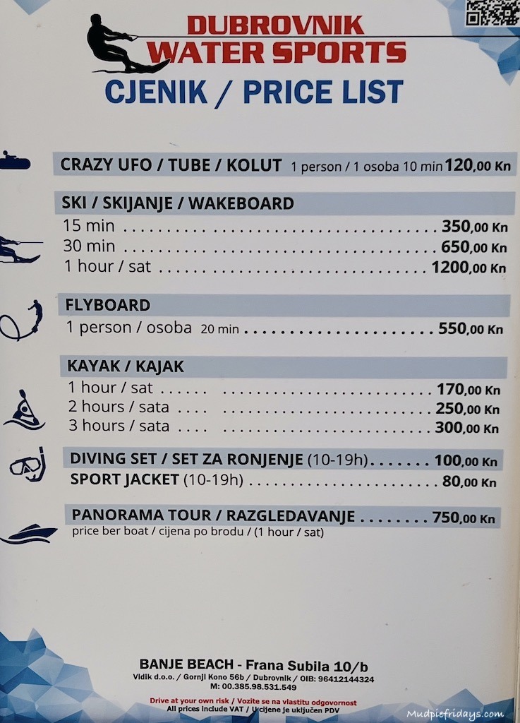 prices for the water sports at Banje Beach Dubrovnik
