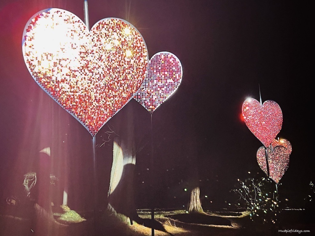 Giant sequinned hearts catching the light