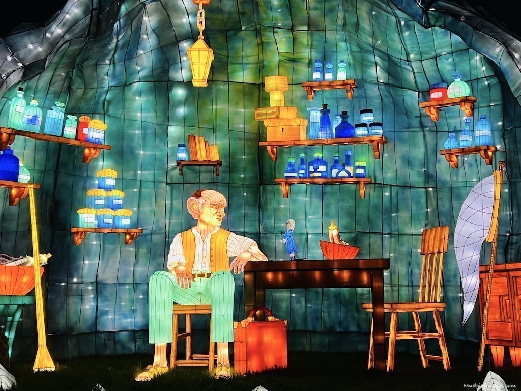 The BFG in his cave with all his dream bottles as a light lantern on the Roald Dahl light trail