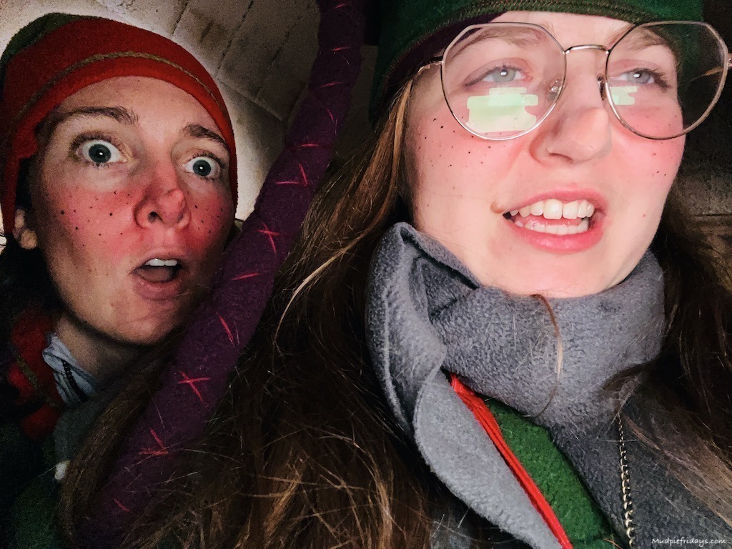 Our elves poppy and nana messing around with the camera as they took as many free photos as we wanted during our meeting with santa in lapland rovaniemi