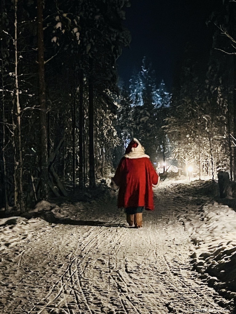 Santa walking into the forest with the snow