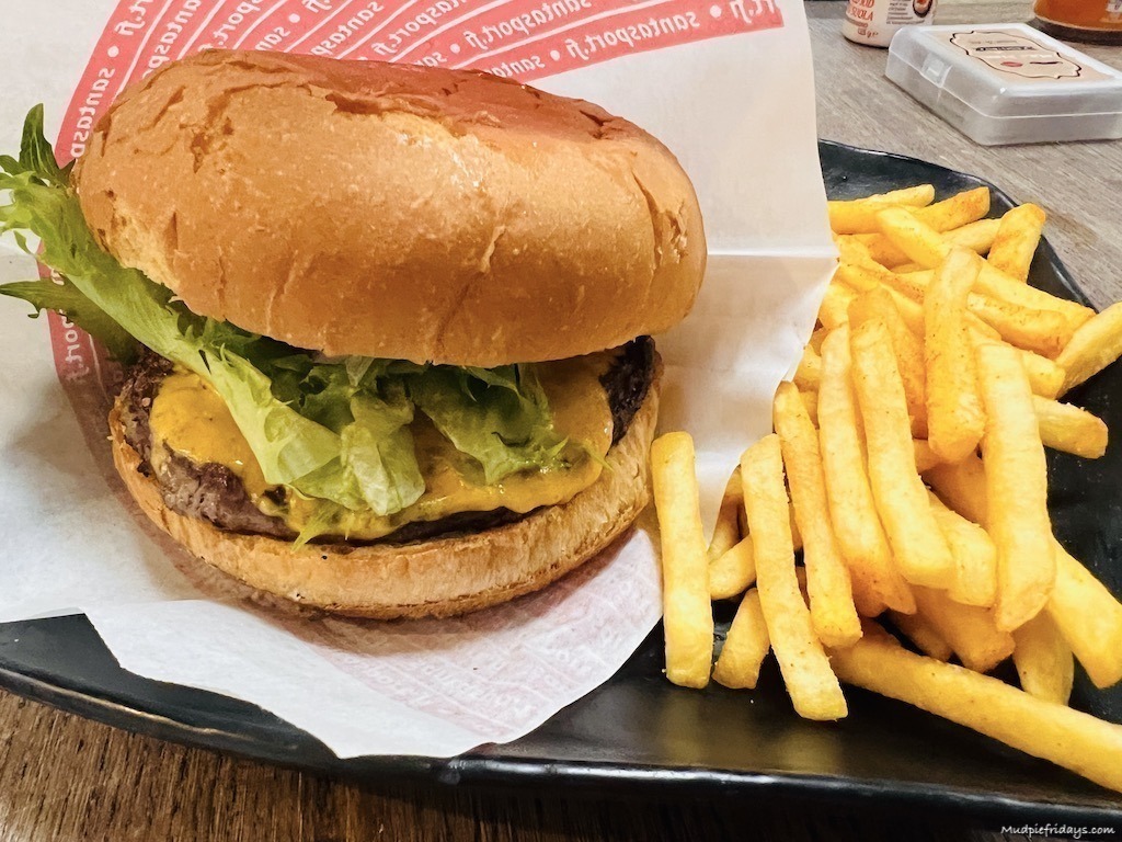 Burger and chips at the snack bar