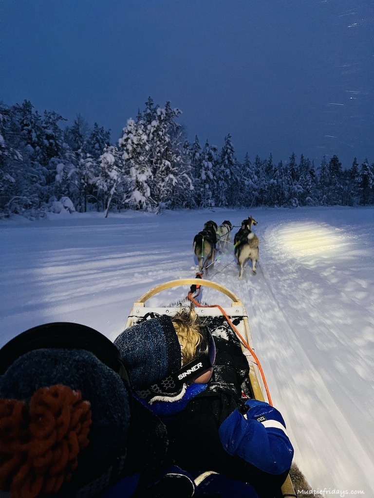 on our husky ride in Rovaniemi out on the ide in a dog sled