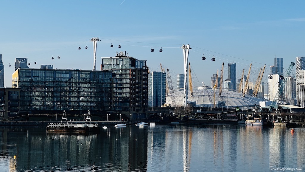 Views across the Royal Docks from our hotel Novotel Excel Docklands outside veranda