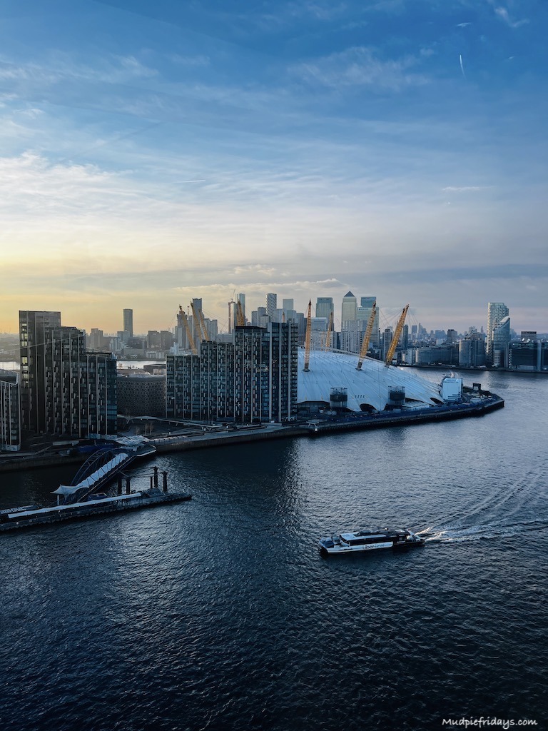 The clipper boat arriving at North Greenwich pier next to the o2 