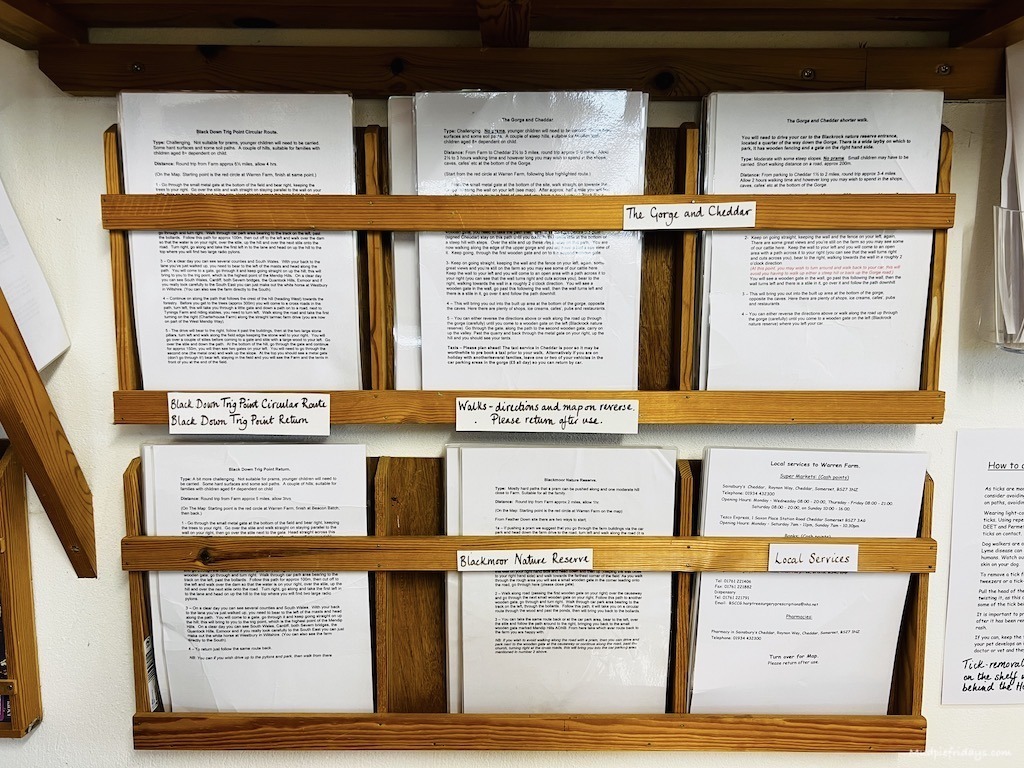Selection on walking routes around the Mendip HIlls laminated for guests to use at Warren Farm