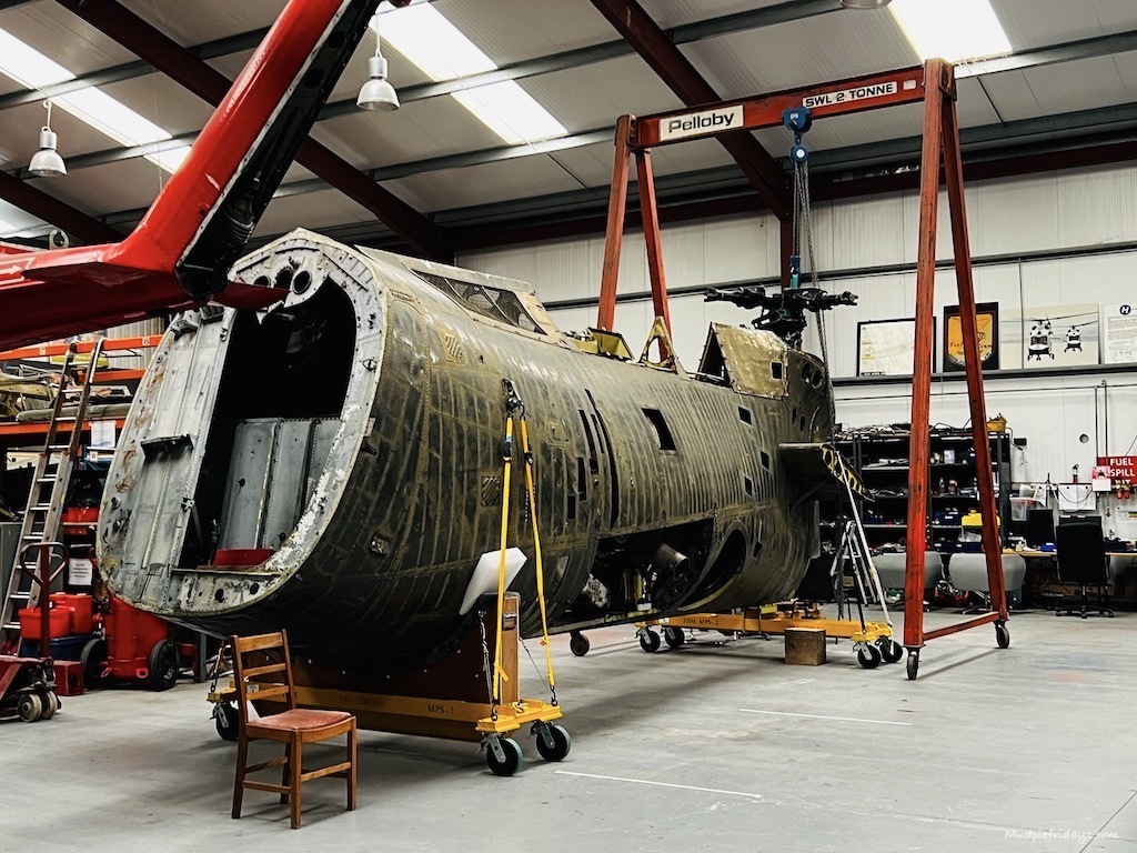 The banana helicopter that is being restored in the helicopter museum in Somerset