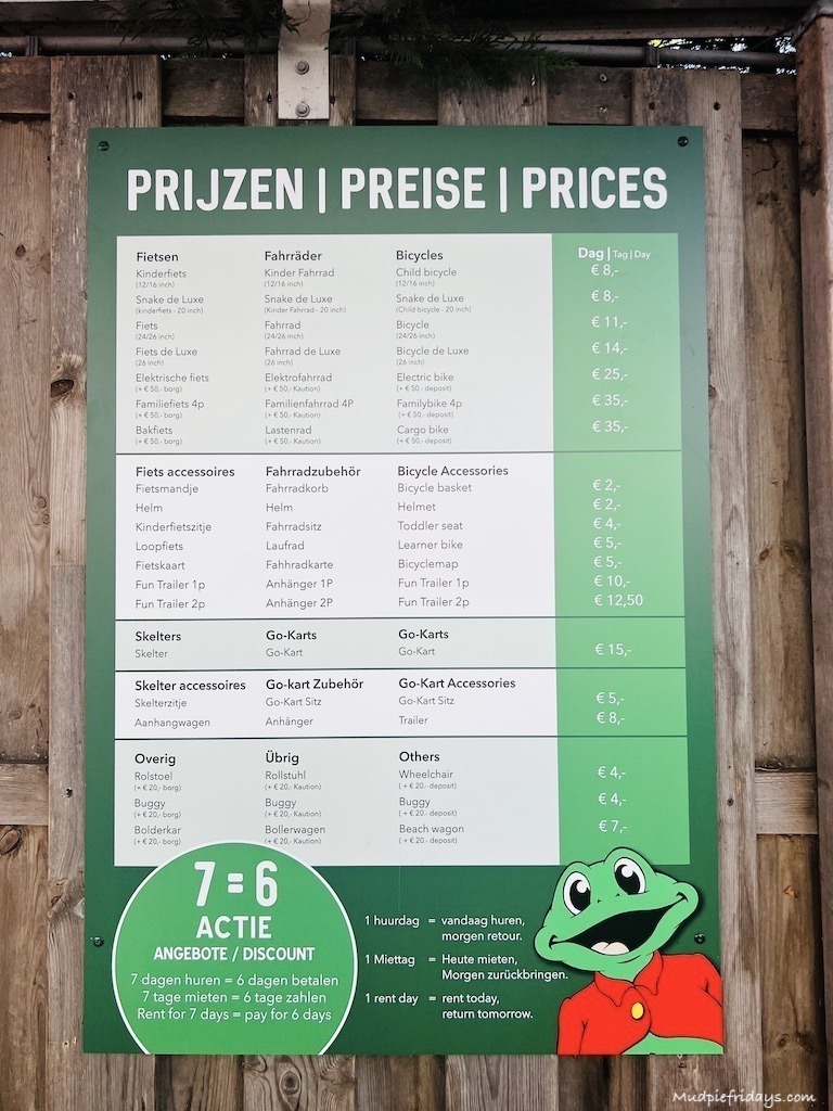 The price list for hiring bikes at Duinrell holiday park