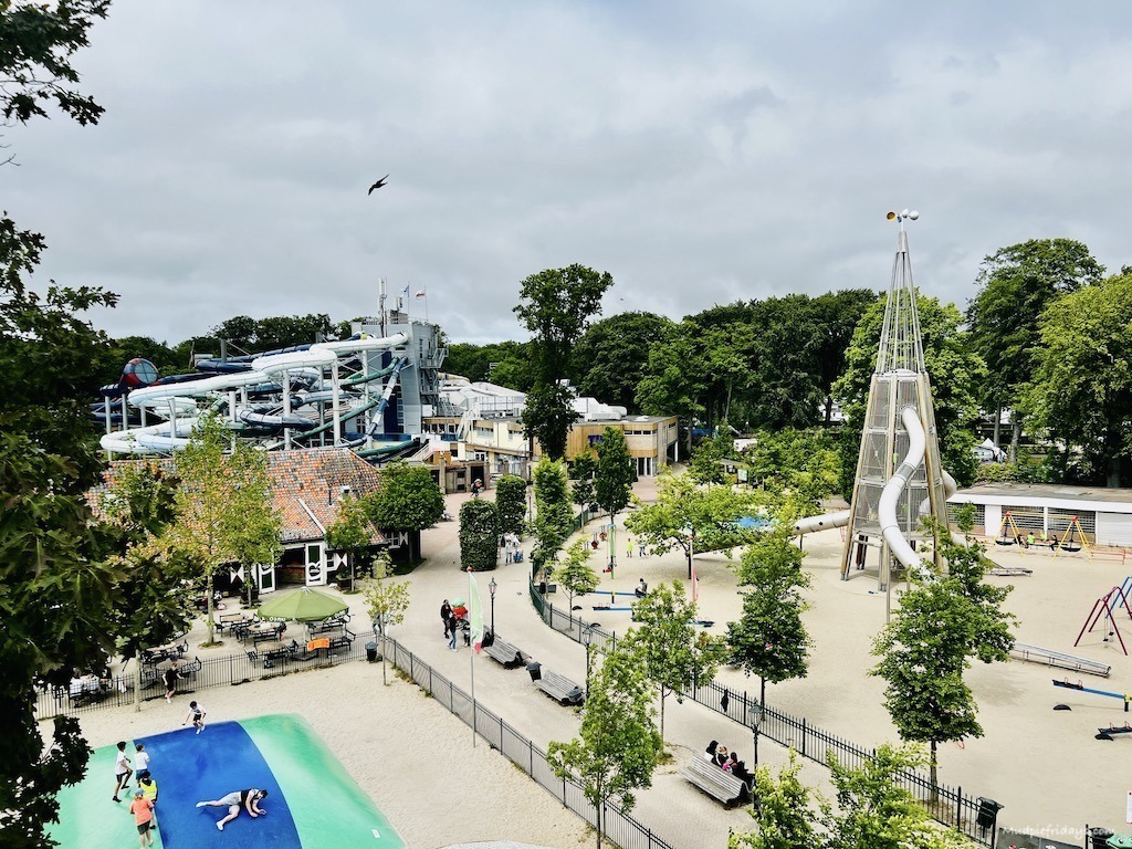 Views across the large central play area and the water park from the top of the ferris wheel