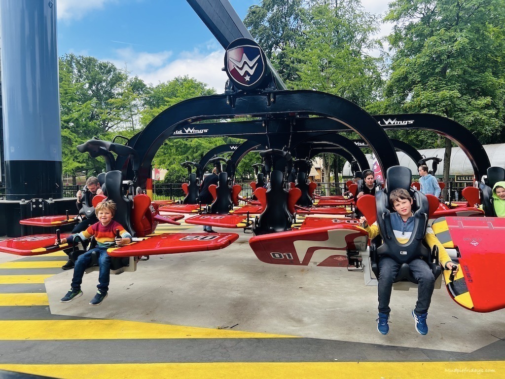 The boys on wings one of the rides at Duinrell theme park eurocamp holland