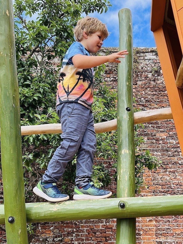 harry balancing on a green balance beam in the vegetable patch