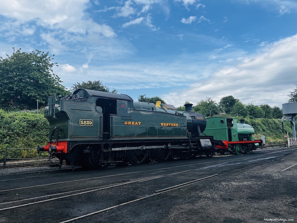 The loco yard at Ropley railway station with two steam trains