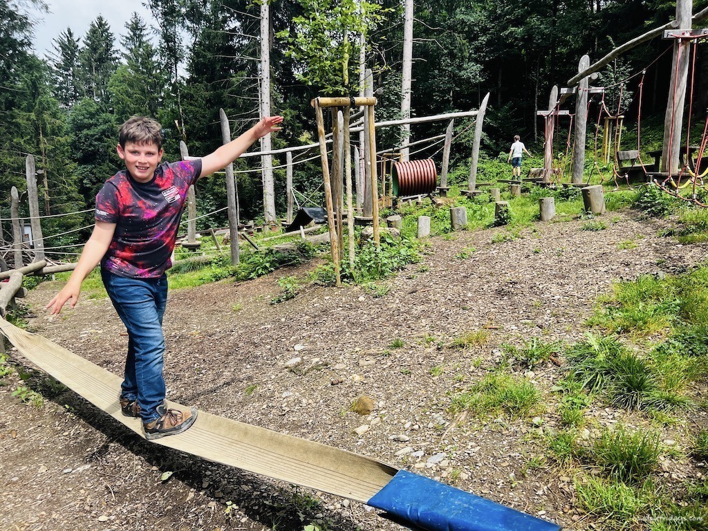 Charlie balancing on play equipment