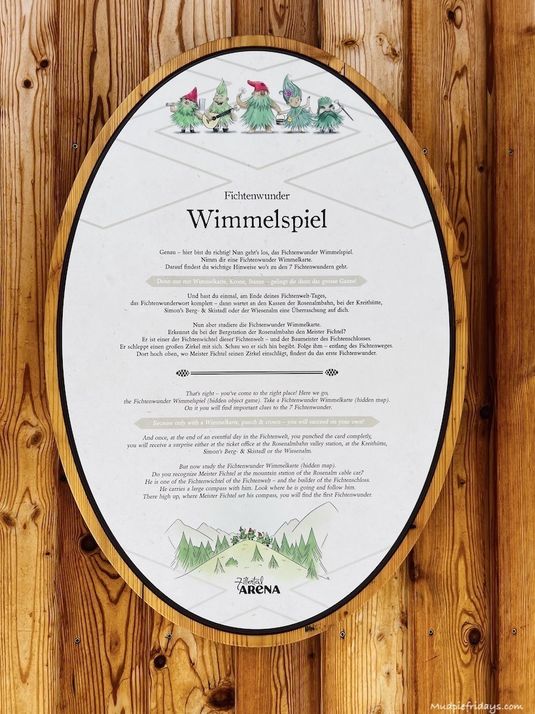 A plaque at the entrance to the spruce castle explaining the trail for the children which runs all over the Rosenalm mountain including the Fichtensee area