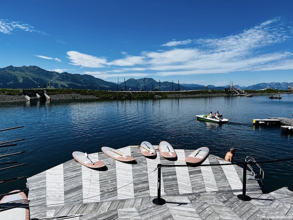 Paddle boards laid out for hire in the Fichtensee lake