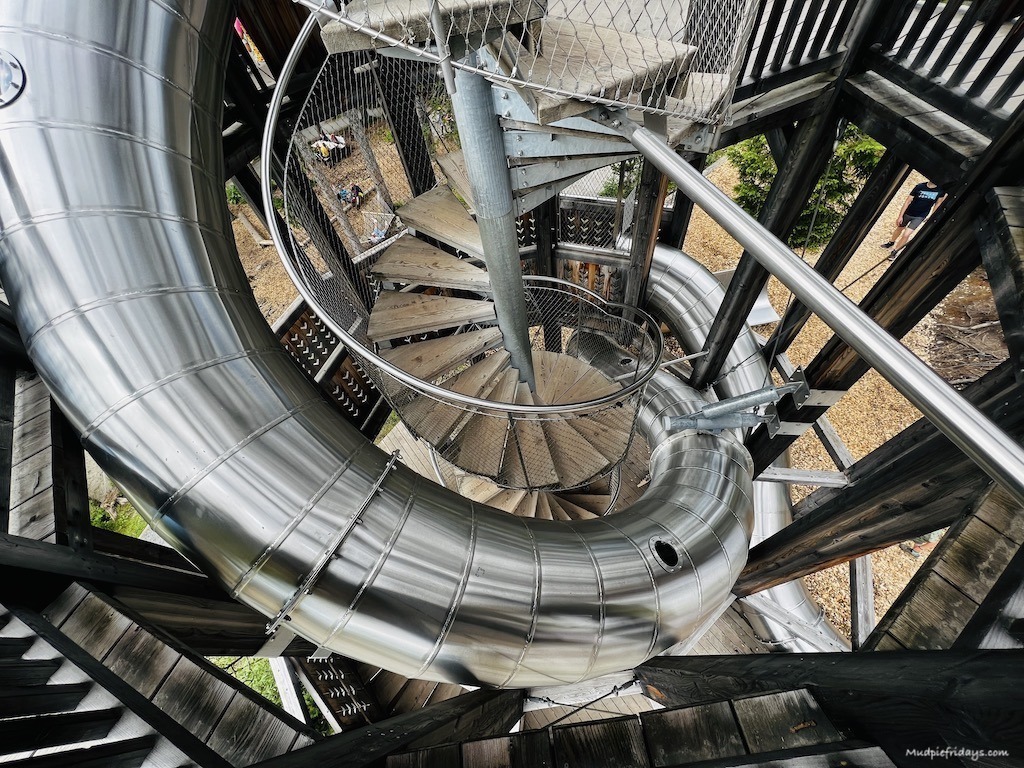 One of the large metal slides that are running from the wooden towers at the Fichtenschloss