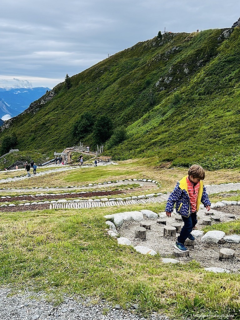 Harry trying out the barefoot walk at the Spieljoch Family Adventure Mountain