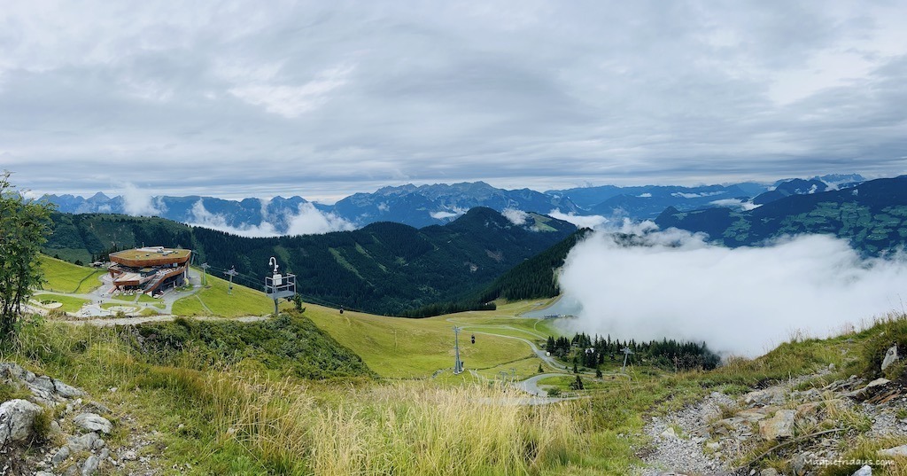 The view across the mountains from the top of the Spieljochbahn Fugen