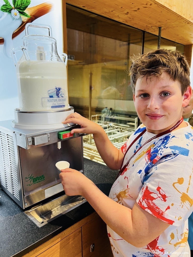 Charlie trying fresh hay milk at the Erlebnis Sennerei Zillertal dairy