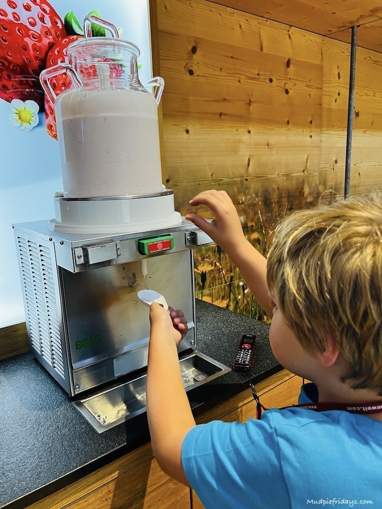 Harry trying yoghurt at the Erlebnis Sennerei Zillertal dairy