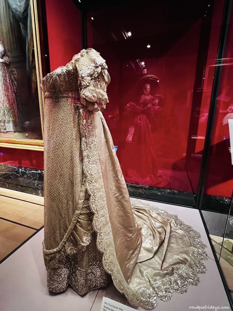 Queen Charlottes wedding dress in the Queens Gallery -  Buckingham Palace visit