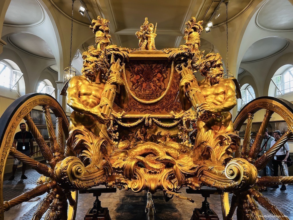 The Queen's coronation carriage in the Royal Mews at Buckingham Palace