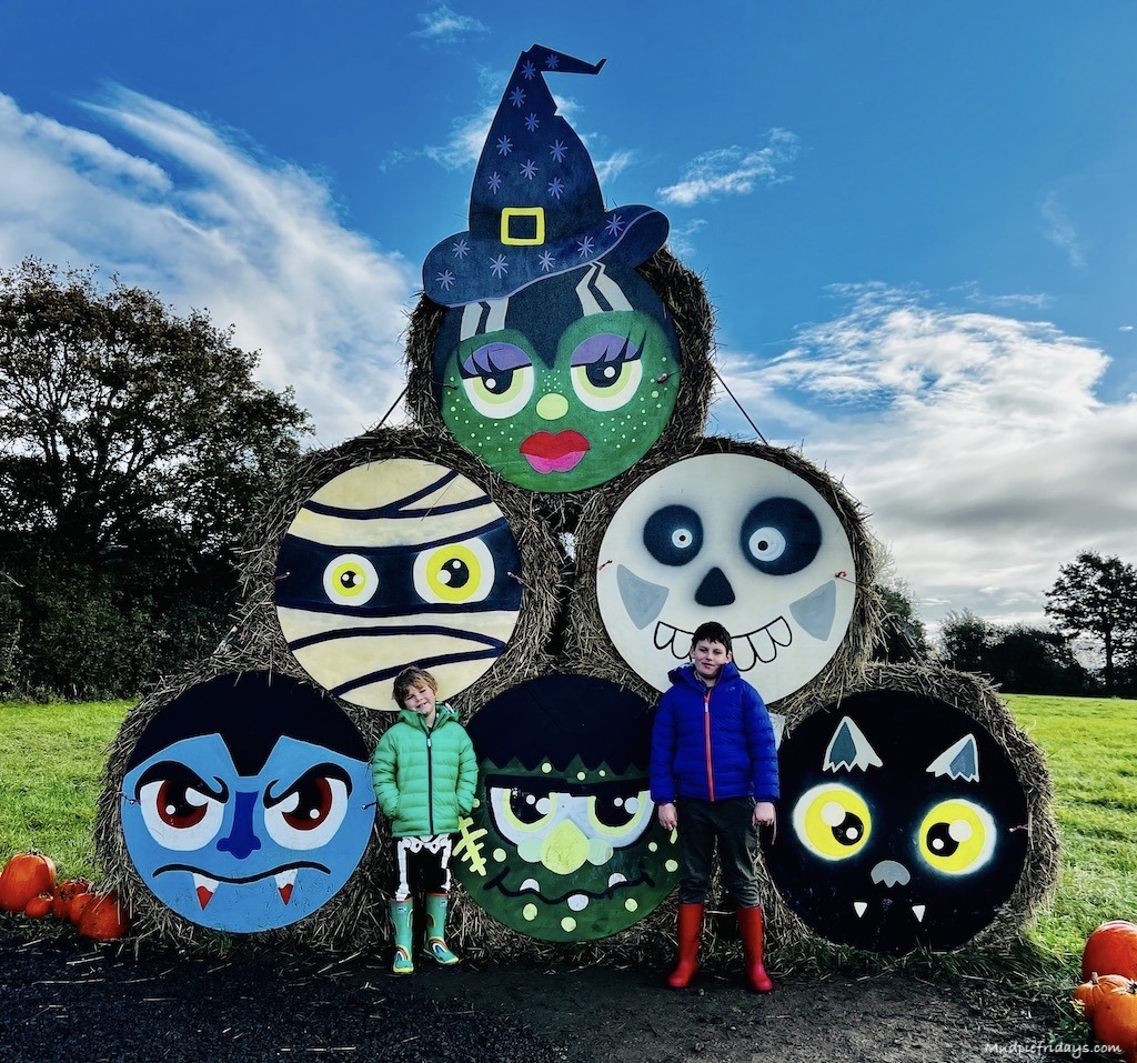 The boys standing in front of some halloween themed rolls of hay before going into the devon pumpkin patch