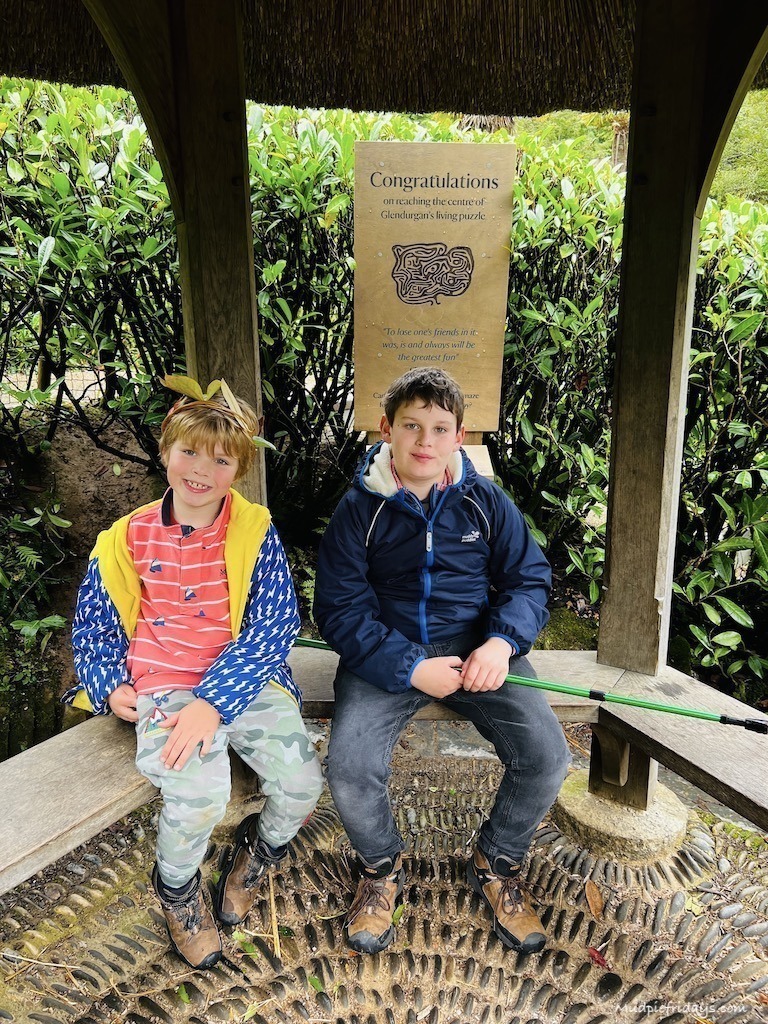 The boys in the centre of the maze at Glendurgan Gardens in Cornwall