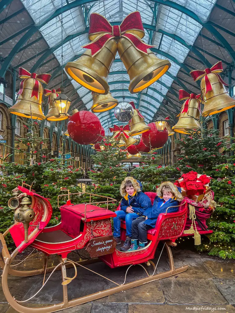 The boys in the covent garden sleigh in amongst the Christmas trees