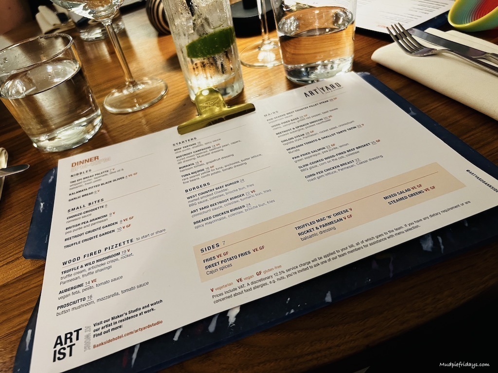 The menu at the Art yard bar and restaurant which is part of the Bankside Hotel London