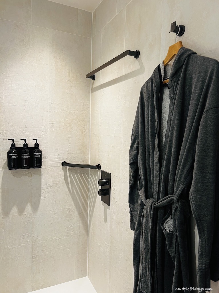One of the grey robes that are available for the guests to use