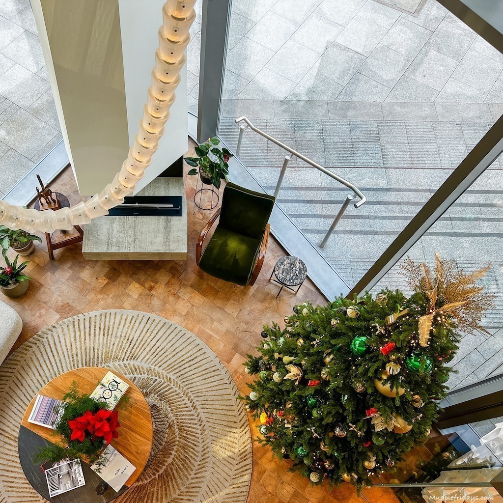 Looking down into the lobby area from the mezzanine
