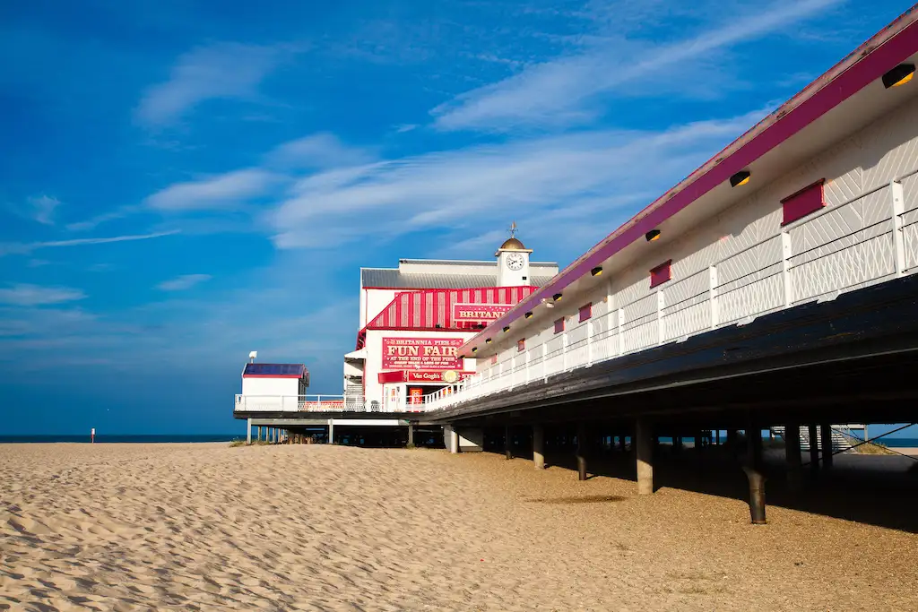 Great Yarmouth pier with the blue sky taken from the side