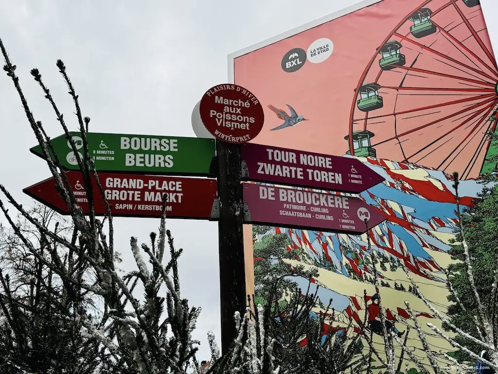Sign posts showing the direction of the different areas of the Brussels Christmas Market