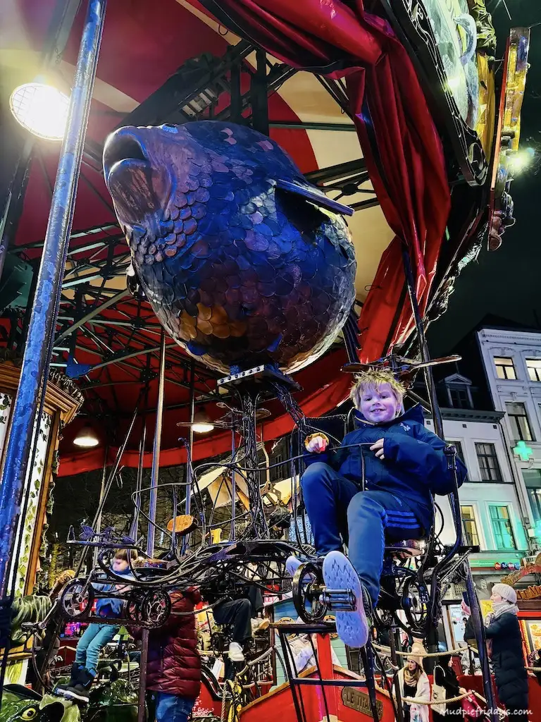 Harry on the mechanical merry go round with a giant fish
